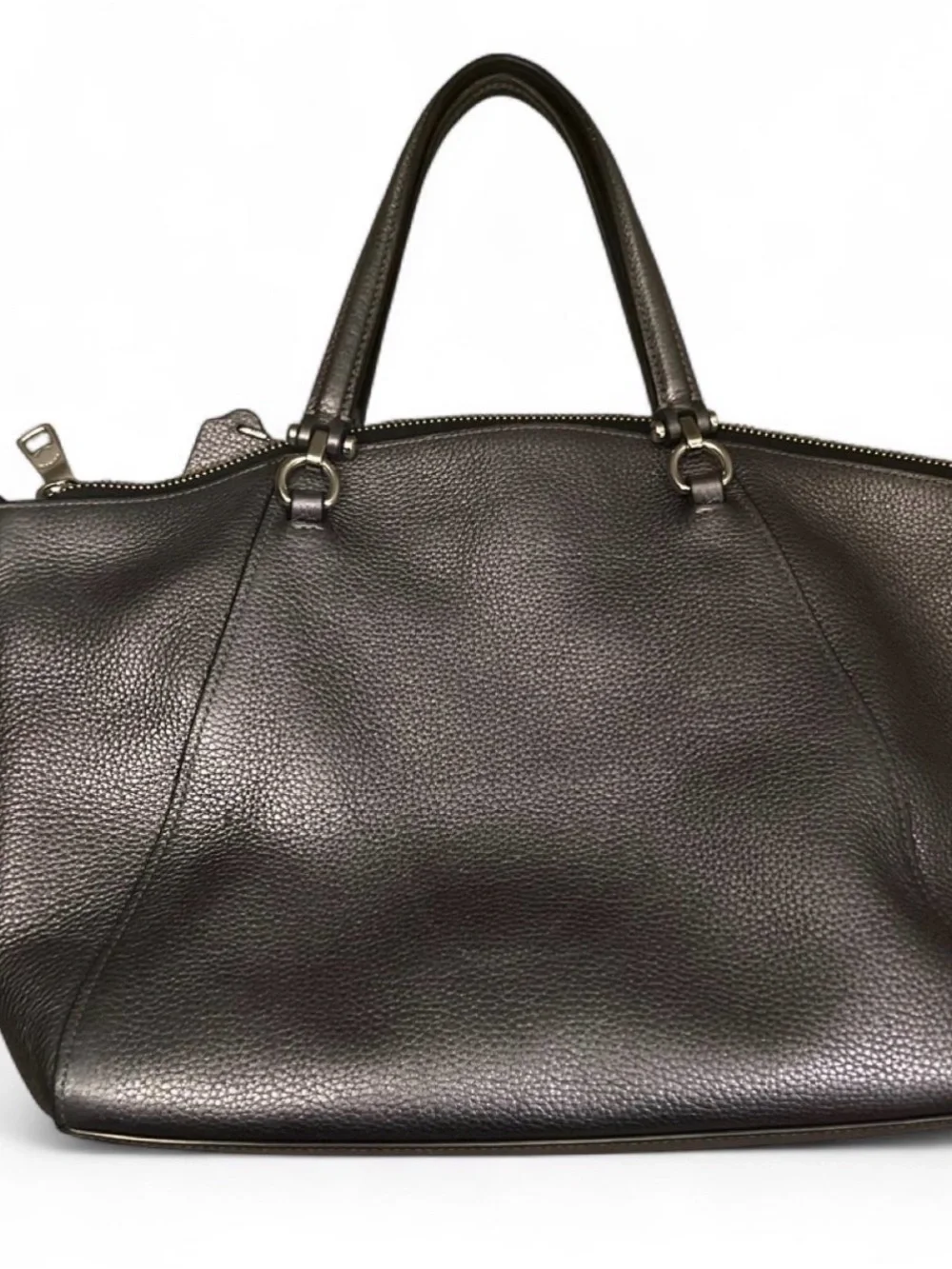 Coach Gray Pebbled Leather Shoulder Bag with Front Zip Pocket Women’s Designer